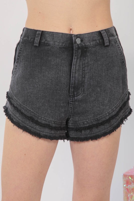 Frayed Layered Washed Cotton Twill Denim Shorts