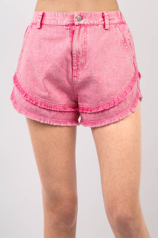 Frayed Layered Washed Cotton Twill Denim Shorts